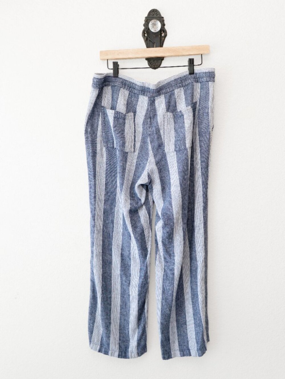 Old Navy Womens L Blue White Striped Linen Blend Wide Leg Pants Drawstring - Picture 9 of 14